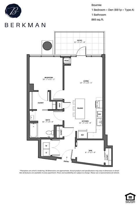 Floor plan for 1 bed, 1 bath, 865 sqft